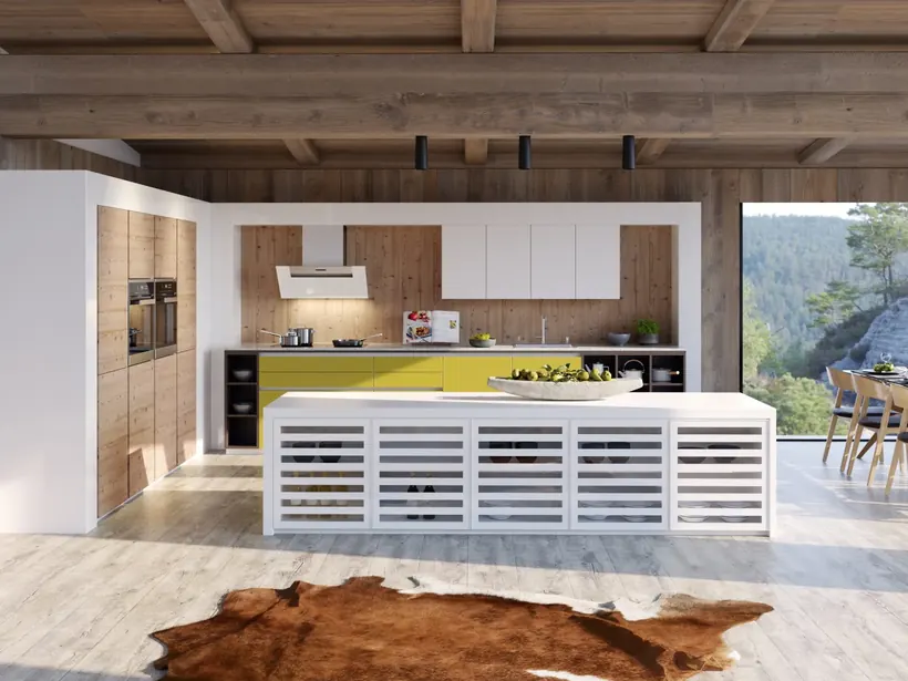 Küchenarchitektur – Weiße Lamellen, Akzent in Gelb