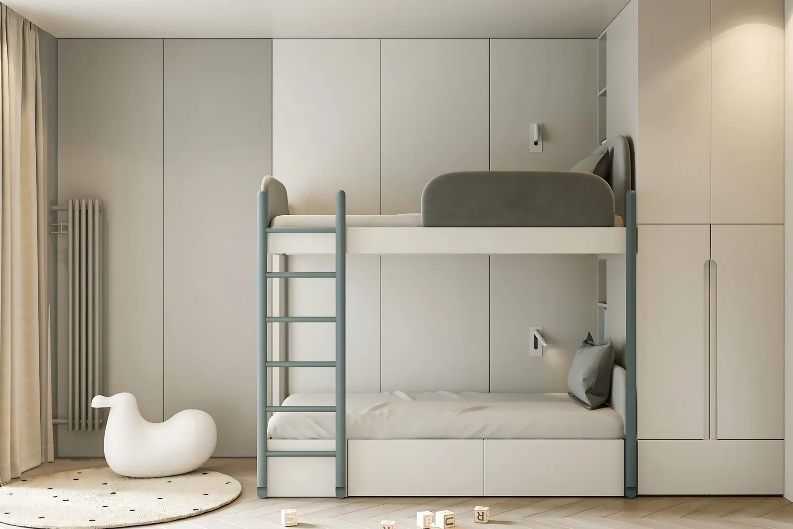 Kinderzimmer mit Hochbett und Einbauschrank
