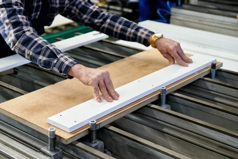 Möbelplatte wird in der Werkstatt passgenau bearbeitet