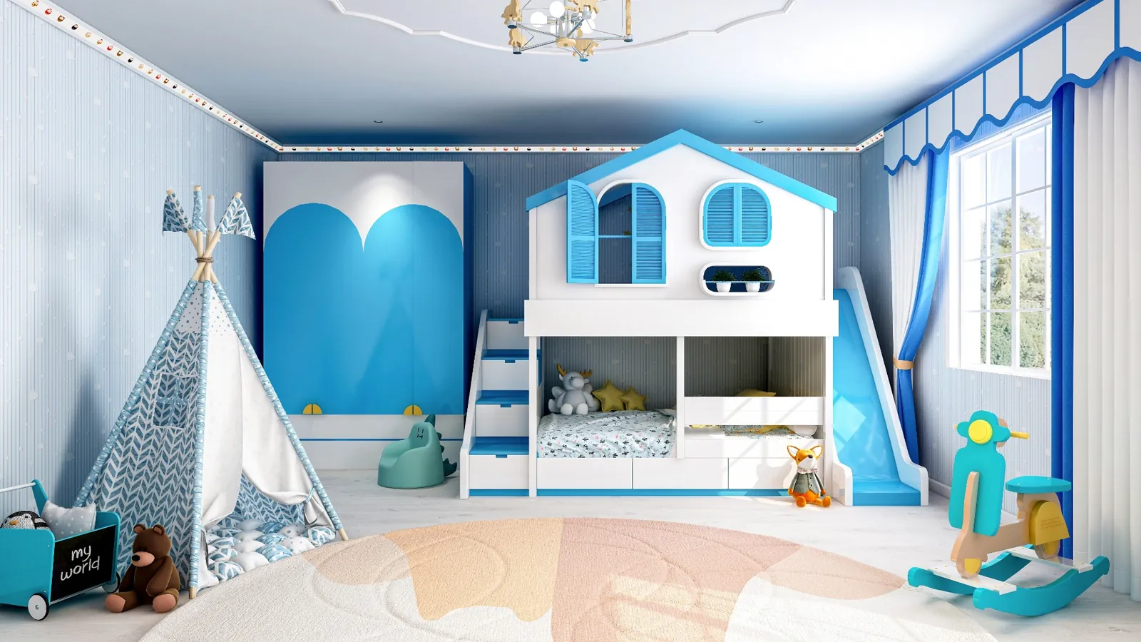 Kinderzimmer mit Stauraum und Spielfläche