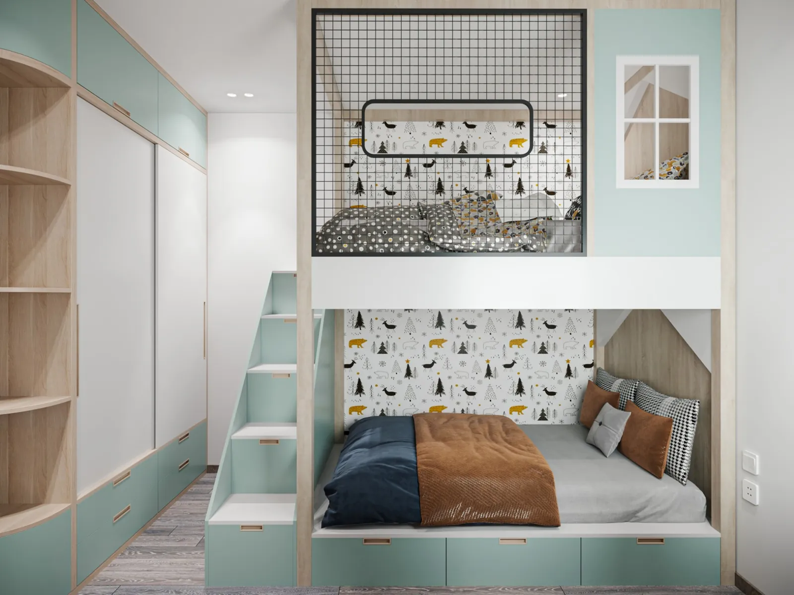 Kinderzimmer mit Hochbett und Einbauschrank