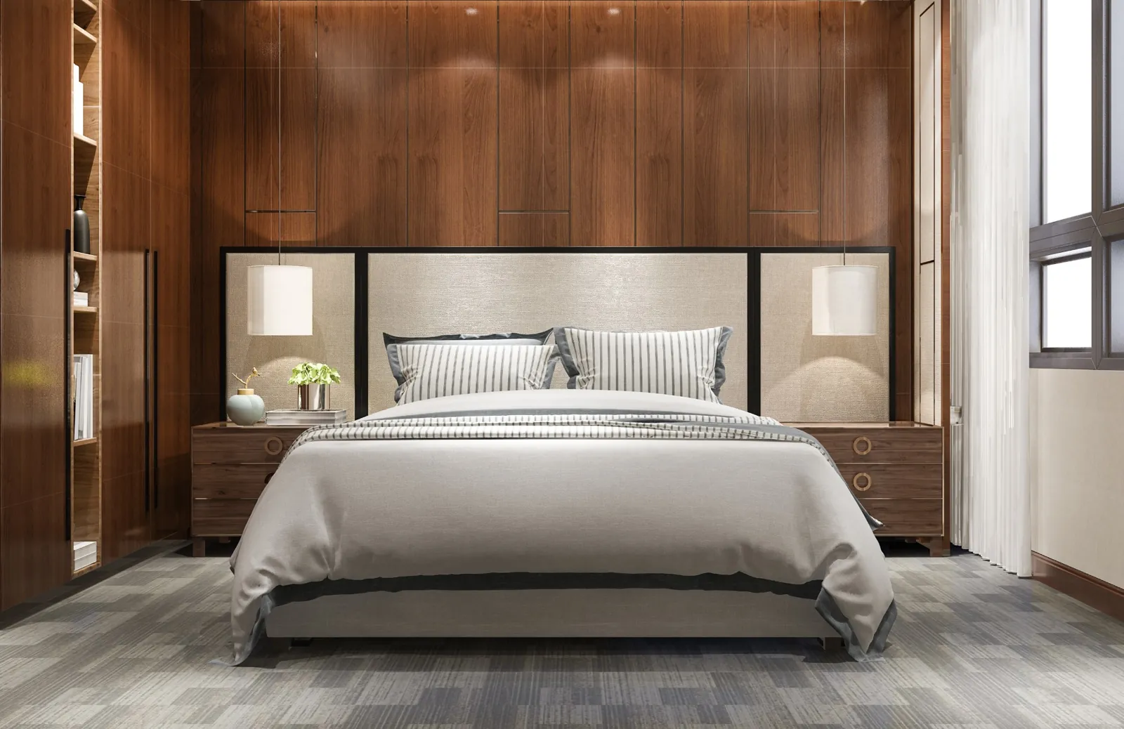 Schlafzimmer mit Kopfteil und Schrank