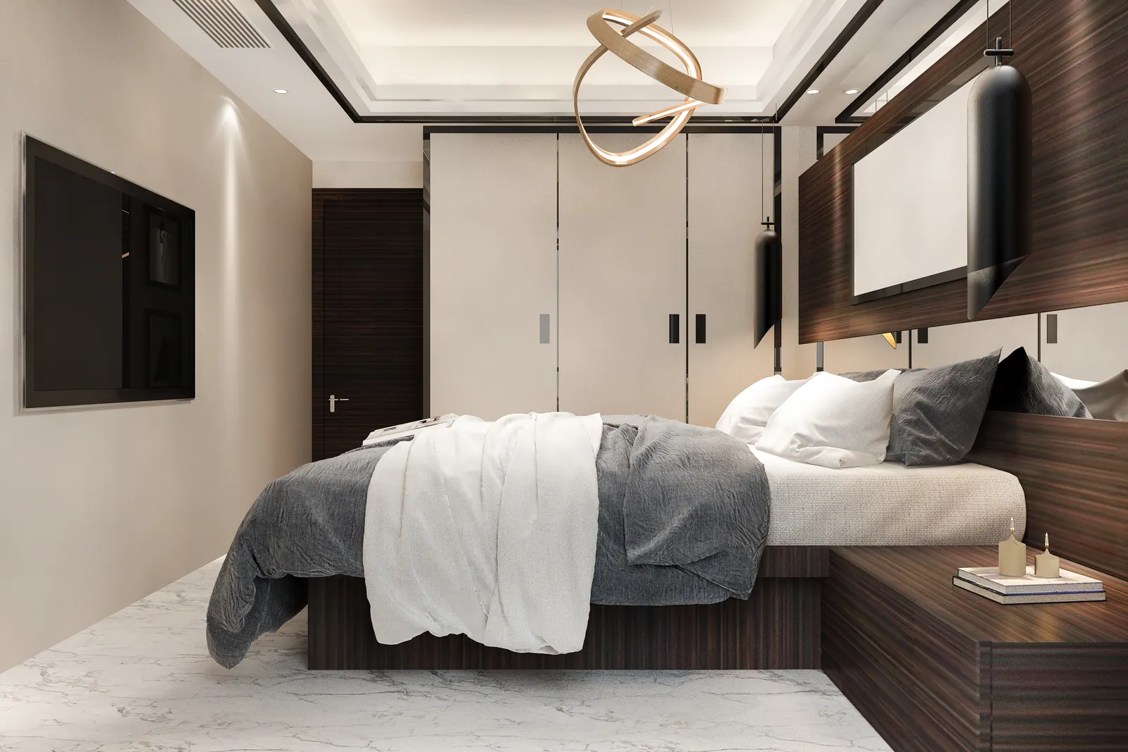 Schlafzimmer mit Holzkopfteil